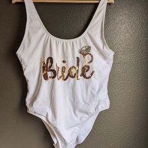ASOS one piece, white with gold sequin "Bride" swimsuit Size US 14